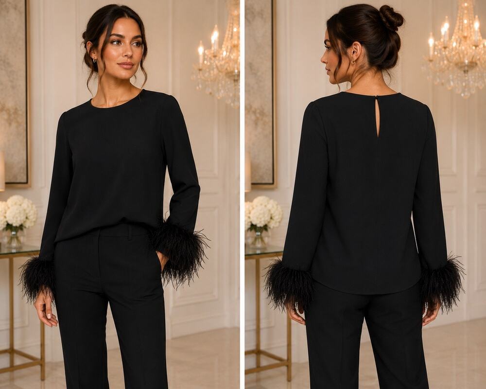 Marella Max Mara NWT Black Silk Blend Feather Cuff Blouse Detachable Ostrich 8